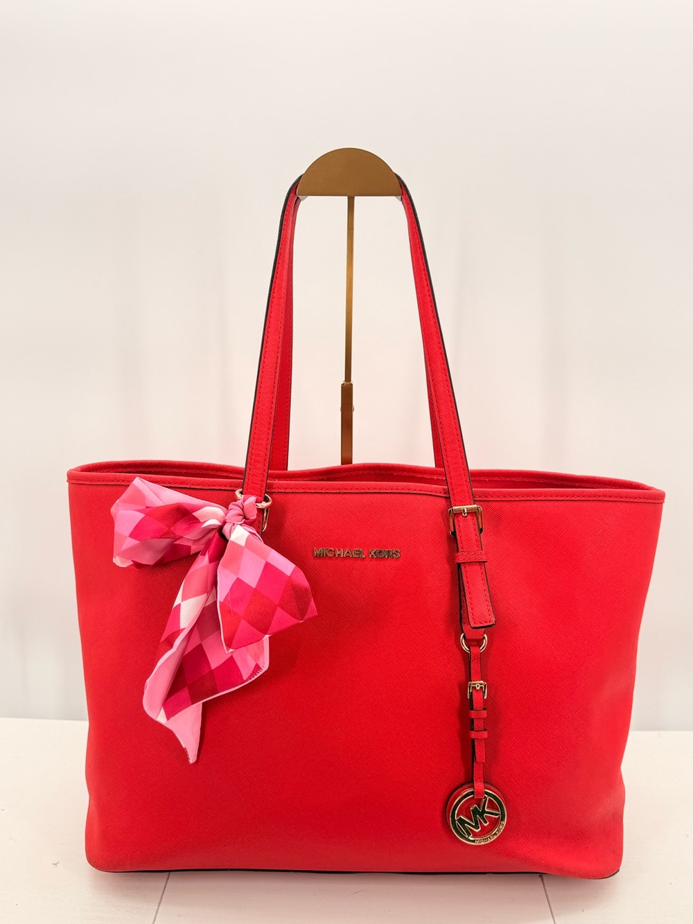 MICHAEL KORS Jet Set Red Saffiano Leather Tote Bag + Scarf Charm